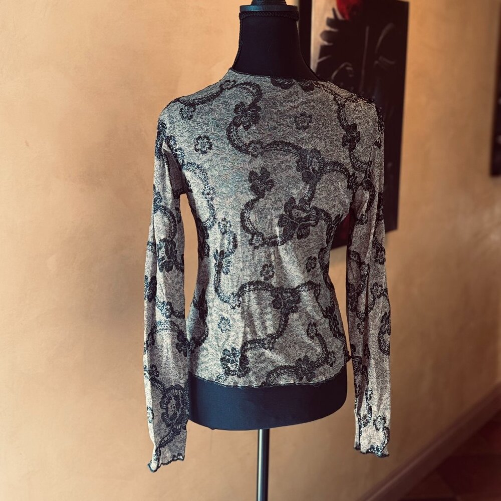 NWOT! Vintage Newport News Black Glitter Lace Floral Mesh Top Sz Small 1990s - Picture 2 of 6